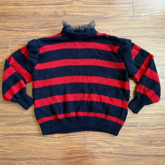 Zara Red Black Striped Tulle Ruffle Neck Mohair Blend Knit Sweater Size S - Picture 5 of 12
